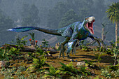 Dakotaraptor with iridescent feathers, illustration