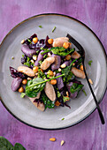 Colorful gnocchi with red cabbage, spinach, chickpeas, and pine nuts