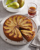 Upside-down pear cake with black beer