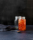 Homemade apple jelly with chilli, mint and ginger