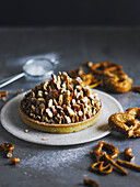Chocolate tart with pretzel topping