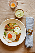 Minted pea fritters with fried eggs