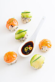 Quick sushi with salmon, tuna, and avocado