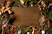 Autumn leaves, moss, fir cones, snail shell, feather over wooden surface