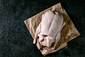 Raw organic uncooked young whole duck on crumpled paper