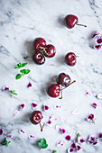 Ripe red cherries placed on marble table with colorful petals and green leaves