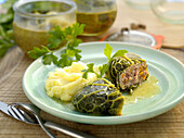 Preserved savoy cabbage roulade, served with mashed potatoes