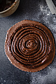 Chocolate Galette des Rois (Epiphany cake, France) prepared with chocolate-hazelnut cream