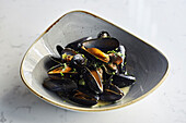 Mussels in a white wine broth