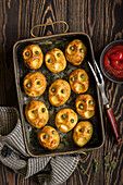 Halloween Roasted Potatoes with Capers Eyes, Thyme and Ketchup