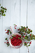 Hawthorn berries in wooden bowl surrounded by branches with berries and leaves