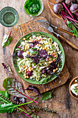 Ribbon noodles with beets and chickpeas