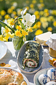 Spinach omelette roll with salmon and cream cheese