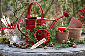 Weihnachts-Arrangement mit roter Gießkanne, Nadelzweigen, Zieräpfeln und Tontöpfen