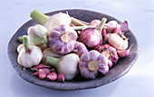 Several garlic bulbs and garlic cloves in a bowl