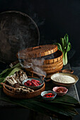 Ingredients for Oriental dishes made in a bamboo steamer