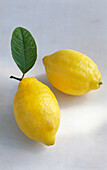 Zwei Zitronen mit einem Blatt auf hellem Untergrund