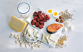 Eiweissreiche Lebensmittel: Fisch, Fleisch, Feta, Milch, Soja, Pilze, Samen, Käse und Bohnen