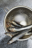Fresh anchovies in a metal colander