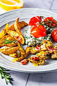 Lemon chicken fillet with fried potatoes, creamed spinach and tomatoes