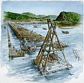 Construction of a Roman bridge, illustration