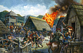 Roman soldiers raiding a barbarian settlement, illustration