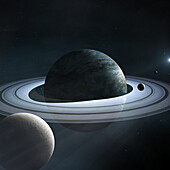 Exoplanet with rings and several moons, composite image