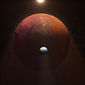 Rocky exoplanet with minerals and moon, composite image