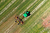 Rotary rake combining windrows of hay, aerial photograph