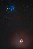 Eclipsed Moon below the Pleiades
