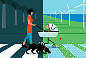 Mother pushing pushchair away from pollution, illustration