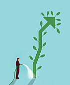 Man watering green arrow plant, illustration