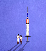 Doctors discussing hypodermic needle, illustration