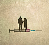 Elderly couple standing on syringe, illustration