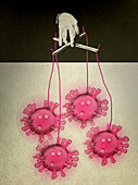 Coronavirus particles on puppet strings, illustration