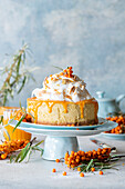 Cheesecake with sea buckthorn curd and meringue topping