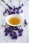 Small bowl with aromatic oil surrounded by lavender blossoms (for relaxing bath)