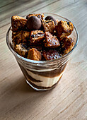 Affogato topped with Hot Cross Bun Croutons and Mini Easter Eggs