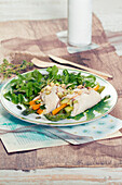 Turkey rolls carrots, asparagus, and lemon thyme salad