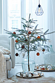 Fir branch decorated for Christmas in glass vase next to white armchair and pendant light