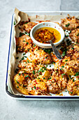 Crispy smashed potatoes with parmesan and chilli garlic oil