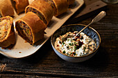 Herb curd with cheese strudel with mince filling