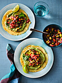 Mexican cornmeal pancakes with guacamole and spicy salsa