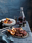 Beef fillet with spiced pears and chestnut pickle
