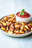 Crispy baked potatoes with spicy tomato salsa