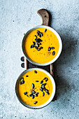 Simple classic pumpkin soup with pumpkin seeds