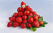 Ein Haufen Erdbeeren auf hellem Untergrund