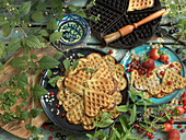 Herb waffle, waffles with berries and waffle iron