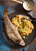 Oven baked trout with mashed yellow split pea