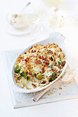 Roasted sprout gratin with bacon-cheese sauce